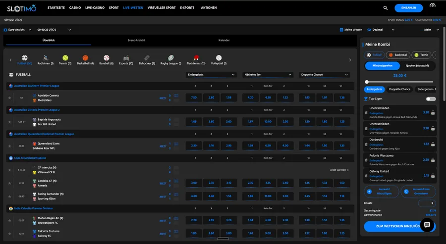 Overview tab open on the German-language build, live matches listed by league, no Betiator widget anywhere on the right