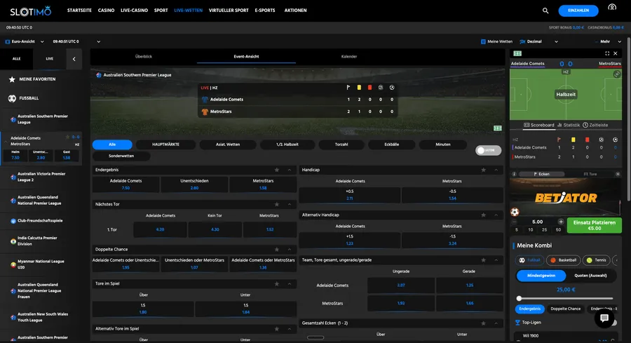 Event View tab open, the league and match picker on the left, the Betiator widget rendered on the right with the green "Einsatz platzieren" button