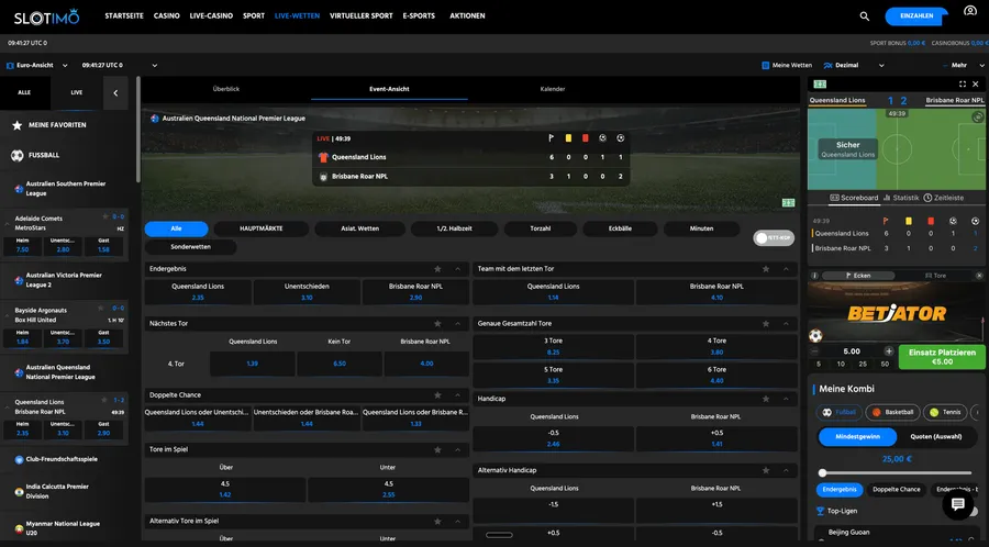 League and match picker on the left with a different fixture now selected, the Betiator widget on the right rebound to that match